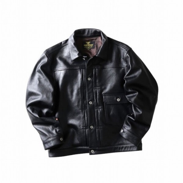 画像1: HOUSTON [ヒューストン] COW LEATHER TRACK JACKET カウレザートラックジャケット 1stタイプ 月桂樹ドーナツボタン T-BACK シンチバック BEA (1)