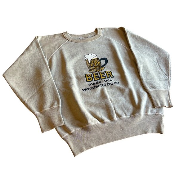 画像2: DUBBLEWORKS(ダブルワークス) "BEER" FADEED PRINTS SWEAT SHIRTS "BEER" フェードプリントスウェットシャツ (ダークベージュ) 古着加工 ヴィンテージスエットタイプ ラグラン 長リブ BEA (2)