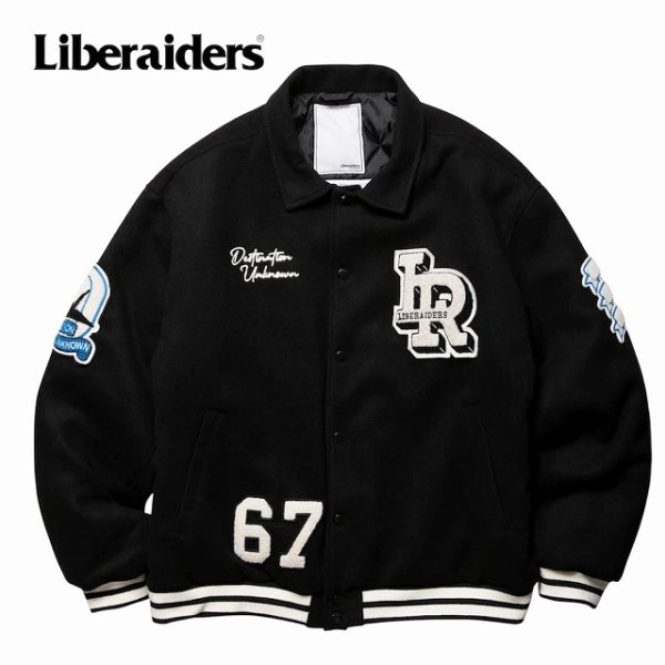 画像1: Liberaiders(リベレイダース) LR VARSITY JACKET (BLACK) LRヴァ―シティジャケット (ブラック) スタジャン ワッペン チェーン刺繍 中綿キルティング BEA (1)